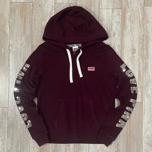 PINK Maroon Zip-Up Hoodie with Sequins